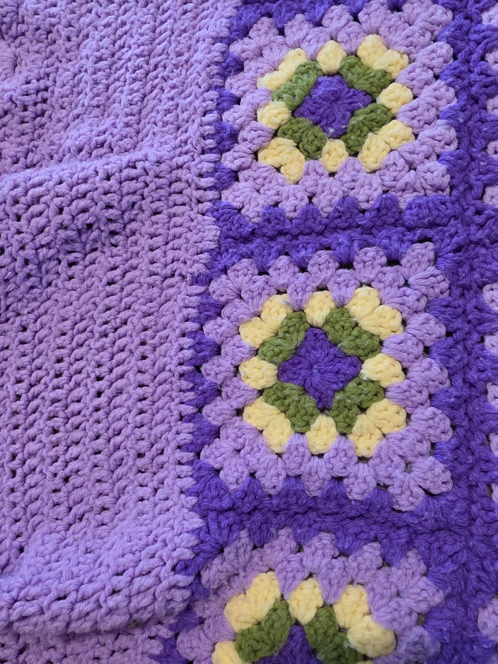 Handmade Purple Granny Square Crochet Blanket with Yellow & Green Accents 49x86 - Picture 3 of 6